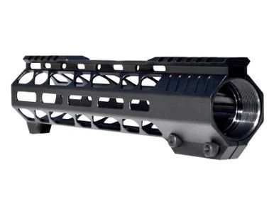 Presma 10" .308 DPMS LOW M-LOK Handguard with Integrated Hand Stop, black M-LOK handguard with cutouts and integrated hand stop for firearm customization.