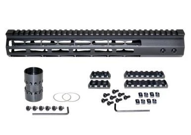 Presma 13" Presma AR-10 LR 308 DPMS LOW Super Light M-LOK Series Free Float Handguard, black lightweight modular handguard with M-LOK slots and mounting hardware for firearms customization.