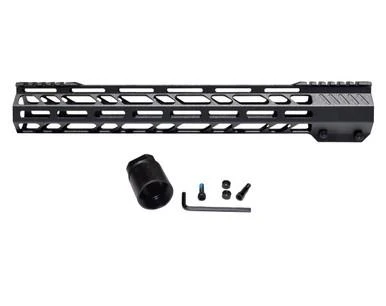 Presma 15" Lightweight M-LOK Free Float Handguard for 308 Low Profile Uppers, image showing the black handguard with M-LOK slots and mounting hardware.