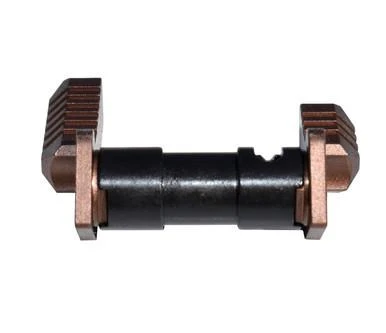 Presma 223/5.56/308 Aluminum and Steel Ambidextrous Safety Selector Switch, Brown, shown in a close-up view highlighting its brown and black construction and ambidextrous design.