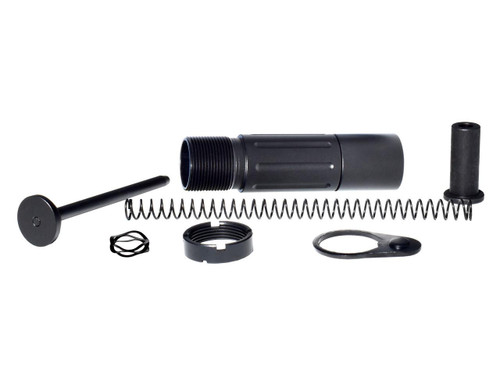 Presma 3.5" AR .223/5.56 Short Buffer Tube System, Black, disassembled with components including buffer tube, spring, stock, and accessories on a white background.