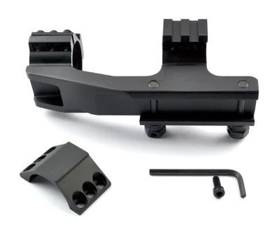 Presma 30mm High Profile Cantilever Scope Mount With Mini Top Rail, black firearm scope mount with mounting base, side mount block, and Allen wrench for installation.