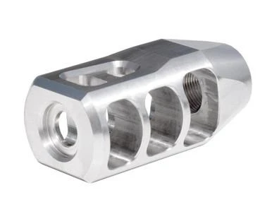 Presma 49/64"x20 Muzzle Brake for .50 Beowulf, Stainless Steel, image showing a cylindrical metallic muzzle brake with multiple cutouts and a threaded interior.