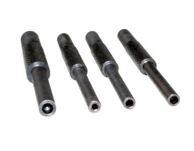 Presma 4pc Roll Pin Punch Starter Set, four black metal punch tools with knurled grips and hollow tips for precise pin installation.