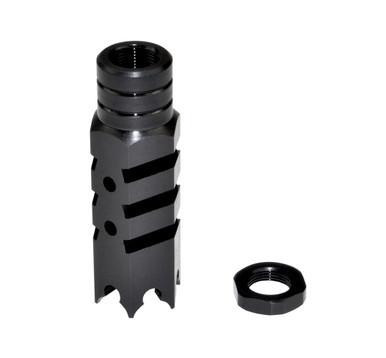 Presma 5/8x24 Competition Grade Muzzle Brake, Steel with Black Phosphate Finish, shown with mounting ring and mounting threads visible.