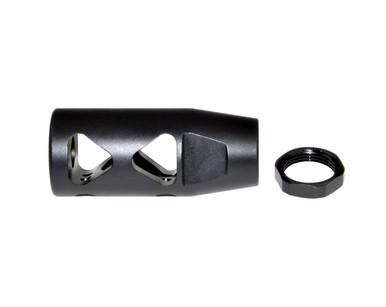 Presma 5/8x24 Competition Grade Muzzle Brake, Steel with Black Phosphate Finish - AR-10 LR .308/7.62 NATO, black steel muzzle brake with two venting ports and a separate threading nut.