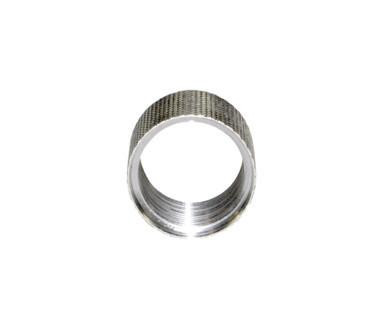 Presma 5/8x24 Thread Protector Nut - 0.712" OD - Stainless Steel, close-up image of cylindrical thread protector nut with knurled exterior surface.