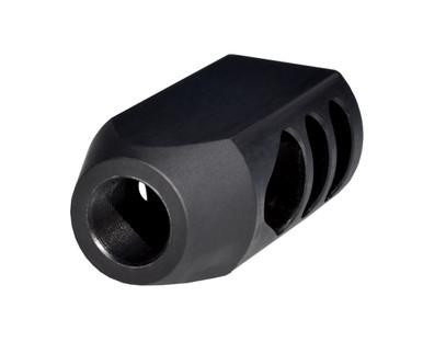 Presma 5/8x32 Competition Grade Muzzle Brake, Steel with Black Phosphate Finish - .458 Socom or .450, image of a black metal muzzle brake with vented sides and a threaded interior for firearm barrel attachment.