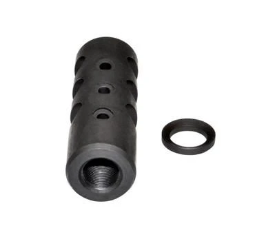 Presma 5/8x32 Muzzle Brake for .458 SOCOM .450 Bushmaster, Steel, Black, with mounting ring, image showing the muzzle brake and the ring.