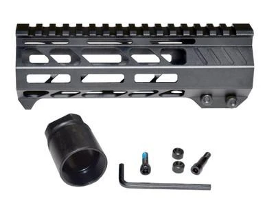 Presma 7-inch .308 DPMS High M-LOK Handguard with Integrated Hand Stop, black metal handguard with multiple M-LOK slots for mounting accessories and an integrated hand stop for enhanced shooting control.