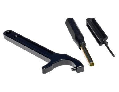 Presma Aftermarket Glock Handgun Tool Kit for 19 26 27 43, set of firearm maintenance tools including a specialized wrench, a screwdriver with a black handle, and a small attachment for Glock pistols.