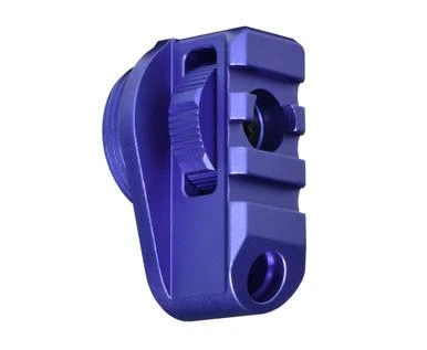 Presma Aluminum Bufferless Stock Adapter Picatinny Rail End Cap and QR Hole, Purple, close-up view of the purple aluminum stock adapter with ridges and holes for attachment and quick-release mechanism.