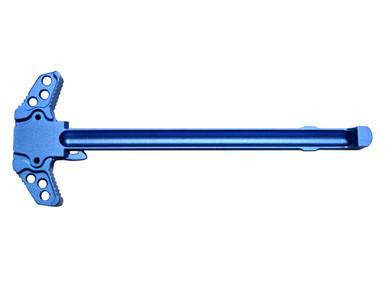 Presma Ambidextrous 223/5.56/9mm Charging Handle, Dark Blue, elongated metallic firearm component with ambidextrous features and textured gripping surfaces.
