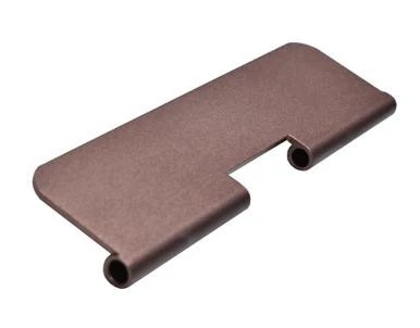 Presma AR15 Aluminum Ejection Port Dust Cover Assembly - Brown, close-up of the brown aluminum ejection port dust cover for AR15 rifle showing its flat rectangular shape with rounded edges and mounting holes.