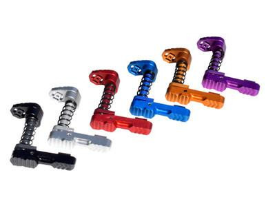 Presma AR-15 DPMS AR 308 Ambidextrous Extended Modular Magazine Release & Catch Button - Orange, colorful gun magazine release and catch buttons in black, silver, red, blue, orange, and purple.