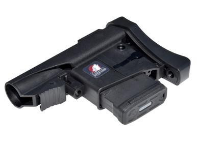 Presma AR15/M16 Mil-Spec Stock with Built-In Magazine Carrier, Black, showcasing a tactical firearm stock designed for AR15/M16 rifles with integrated magazine storage and durable black finish.