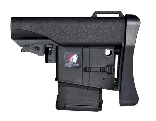 Presma AR15/M16 Mil-Spec Stock with Built-In Magazine Carrier, Black, showing a tactical adjustable stock for rifles with integrated magazine storage.