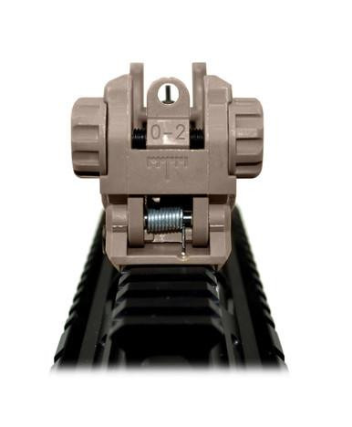 Presma Backup Sight Set - Front and Rear Flip Up - Polymer - Tan [MFLRS02-T], close-up view of the tan polymer backup sight set mounted on a firearm.