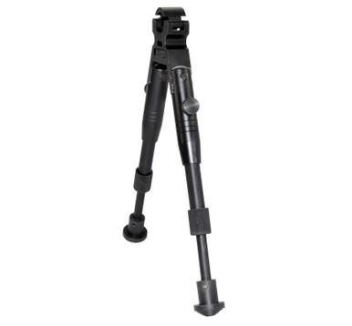 Presma Barrel Clamp Bipod, Aluminum, Folding Fits 0.45" to 0.750" Barrels, Height Adjustable 7" to 8.25" (BP04), image showing a black, foldable bipod with adjustable height and barrel clamp features.
