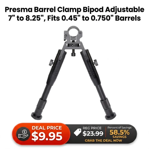 Presma BP04 Barrel Clamp Bipod - Lightweight Aluminum, Adjustable 7" to 8.25", Fits 0.45" to 0.750" Barrels, Folding Design for Easy Transport