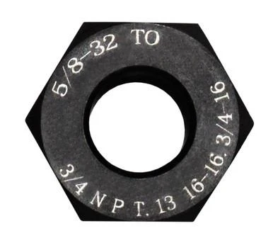 Presma Barrel Muzzle Thread Adapter/Converter 5/8-32 RH to 3/4 NPT / 13/16x16 / 3/4x16, black threaded adapter with engraved size markings.