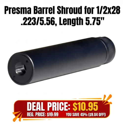 Presma MZFC03 Barrel Shroud for 1/2x28 .223/5.56, Length 5.75 inches, black cylindrical firearm suppressor or barrel cover.