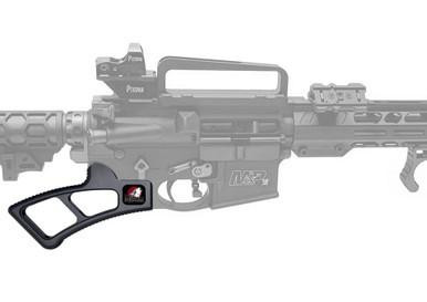 Presma Featureless Skeletonized Rear Pistol Grip, Black [GP32], close-up of the pistol grip attached to a firearm.