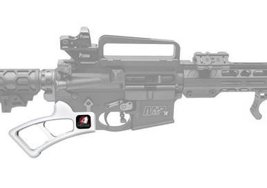 Presma Featureless Skeletonized Rear Pistol Grip, Silver [GP32-S], silver skeletonized pistol grip mounted on a firearm.