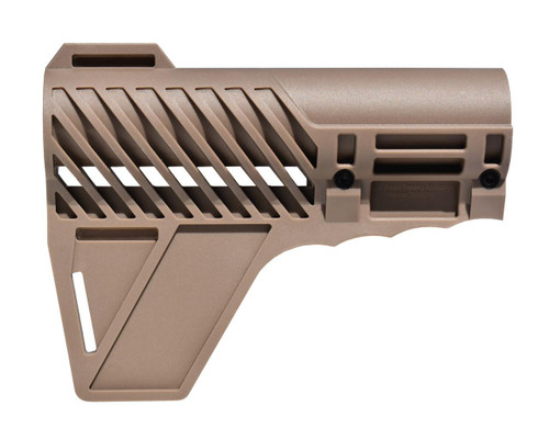 Presma Fixed Polymer Fixed Stock, tan-colored AR pistol buffer tube stock with slotted grip design and adjustable features.