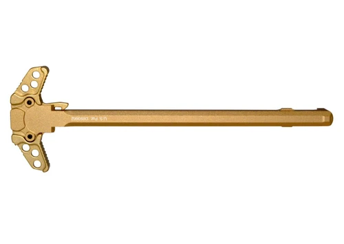 Presma Inc Ambidextrous AR-10 LR 308 Charging Handle, Gold, with a detailed view of the gold-colored, ambidextrous charging handle designed for AR-10 LR 308 rifles.