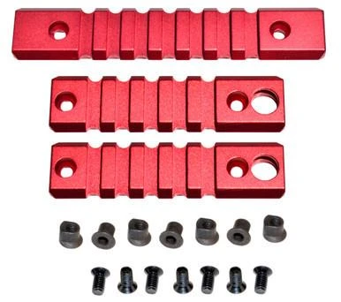 Presma KeyMod to Picatinny Rail Adapter Kit, red, includes one 7-slot KeyMod to Picatinny rail section, two 5-slot sections, along with screws and mounting hardware.