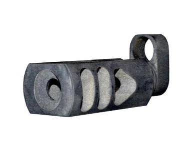 Presma M1 Garand Tanker Style Muzzle Brake, Steel, Black Oxide Finish, image of a compact, black steel muzzle brake with a cylindrical shape and multiple vented openings for recoil reduction.