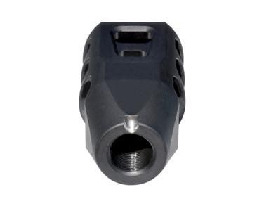Presma M14X1(LH) Muzzle Brake for AK 7.62mm - Steel - Black [MZ-18-15-B], front view showing the black steel muzzle brake with M14X1 thread and multiple venting ports.