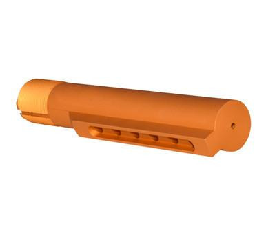 Presma Mil-Spec 6 Position Buffer Tube, orange in color with a cylindrical shape and multiple adjustment slots for firearm customization.