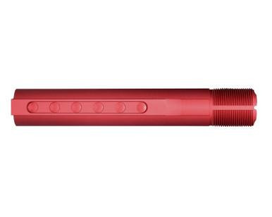 Presma Mil-Spec 6 Position Buffer Tube, Red, a cylindrical firearm accessory with a textured surface and threaded end for attachment.