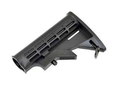 Presma Mil-Spec Adjustable Stock w/ Sling Adapter, Black, close-up of the military-style adjustable rifle stock with a textured surface and sling attachment point.