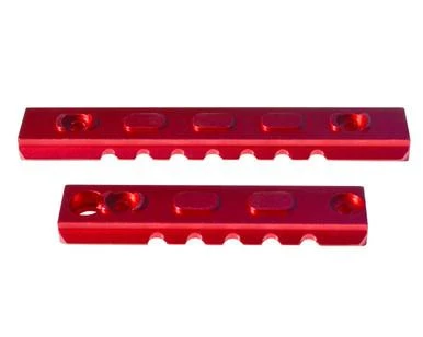 Presma M-LOK to Picatinny Adapter Rail Kit, red anodized aluminum rails with multiple slots for mounting accessories, includes two 5-slot and one 7-slot rail sections.