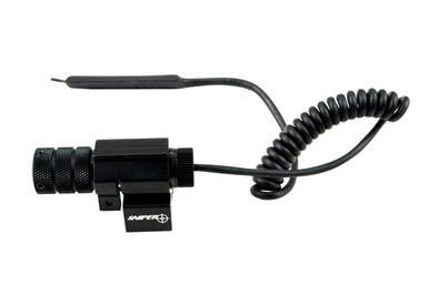 Presma Rail Mounted Red Laser w/ Remote Pressure Switch [LSR01], black laser with mounting clip and coiled remote pressure switch cord.
