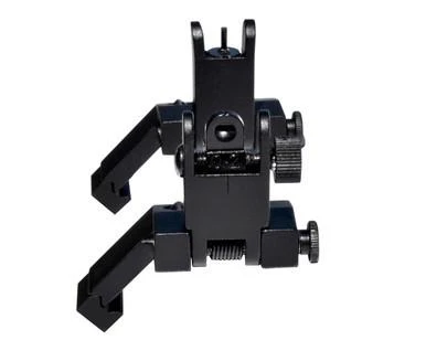 Presma Rapid Transition 45º Offset Flip-Up Sights, Aluminum Front & Rear Set, black tactical firearm sights with flip-up mechanisms and mounting base.
