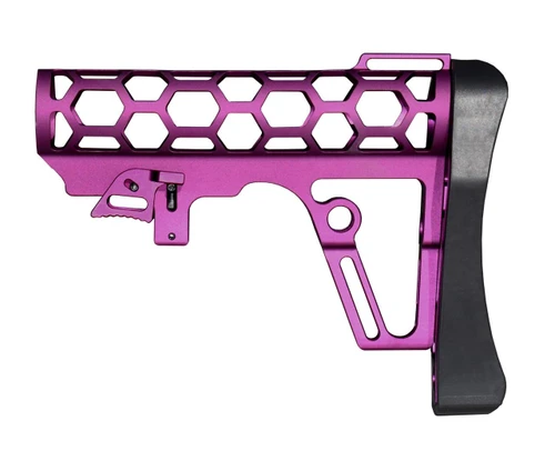 Presma Skeletonized 223/5.56/308 Buttstock for 6 Position Mil-Spec Tube, Purple Anodized Aluminum with Pad, side view of a purple skeletonized rifle buttstock designed with honeycomb cutouts for weight reduction, featuring a black rubber buttpad for comfort and stability.
