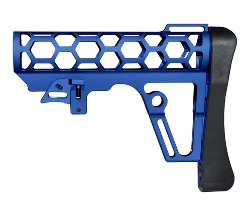 Presma Skeletonized 223/5.56/308 Buttstock for 6 Position Mil-Spec Tubes, Anodized Aluminum with Pad in Dark Blue, showing a hexagonal cutout design and ergonomic grip.