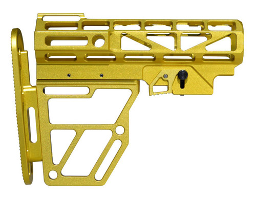Presma Skeletonized 223/5.56/308 Mil Spec Buttstock, Gold color Anodized Aluminum, detailed view of lightweight tactical firearm stock component.