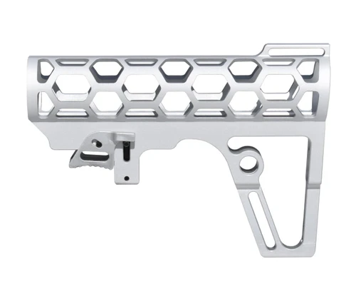 Presma Skeletonized 223/5.56/308 Stock for Mil-Spec Tube, CA Legal Fixed Stock, 6 Position, Silver Anodized Aluminum, lightweight tactical rifle stock with hexagonal cutouts.