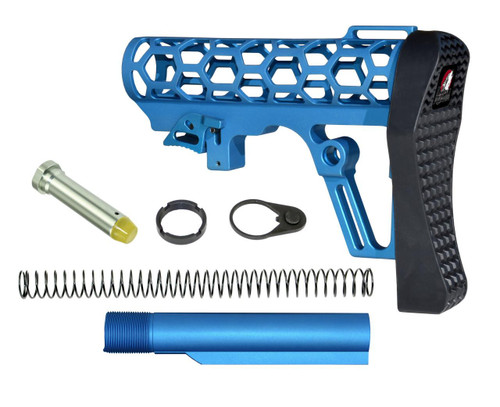 Presma Skeletonized Mil-Spec Stock Assembly - Blue, parts of the blue skeletonized universal stock assembly with black rubber butt pad, buffer tube, recoil spring, and small components.