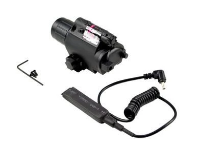 Presma Tac Light and Red Laser Sight Combo [FLRL01], tactical flashlight and laser sight device with mounting accessories and power cable.