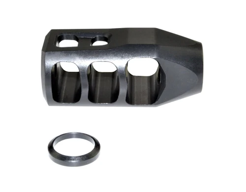 Presma Tanker Style 5/8x32 Muzzle Brake for .458 Bushmaster, Black Steel with attachment ring for firearm muzzle recoil reduction.