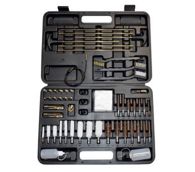 Presma Universal Gun Cleaning Kit Gun Brushes for Pistol, Handguns, Shotguns, Rifles, Elite Brass Rods and Wire Rope, image of the black plastic case containing various brushes, rods, and cleaning tools for firearm maintenance.