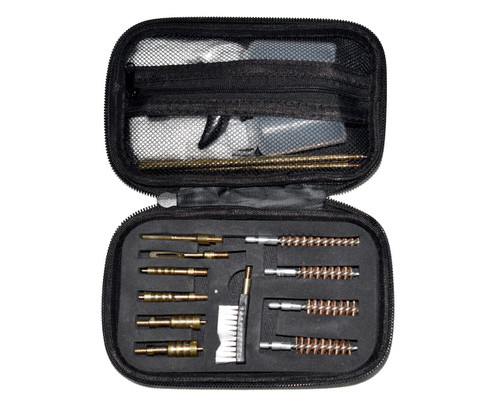 Presma Universal Handgun Cleaning kit, compact black zippered case with bronze bore brush and brass jag adapters for .22, .357, .38, 9mm, and .45 caliber pistols, including cleaning rods and accessories.