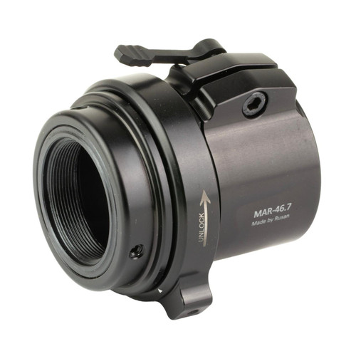 ATN TICO LTV High-Performance Scope Mounting System ACCOSMS40467, close-up of black scope mount with 40mm objective and 46.7mm clamp, matte black finish.