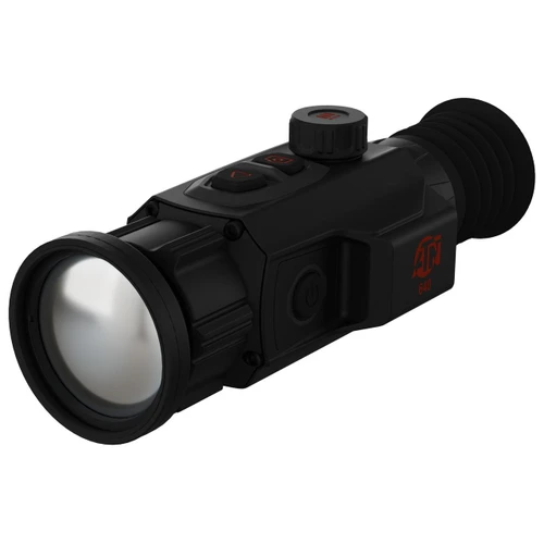ATN TIWST6M650 Thermal Scope, a black handheld device with high-sensitivity sensor, SharpIR AI technology, buttons on top, adjustable focus, and video recording capabilities.